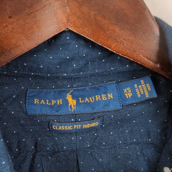 Ralph Lauren Men's Blue Dot Button Up Shirt Classic Fit Indigo Chest Pocket, XS - Picture 4 of 6